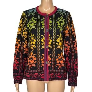 Riina Tomberg Hand Made Estonia Wool Rainbow Floral Cardigan Sweater Medium